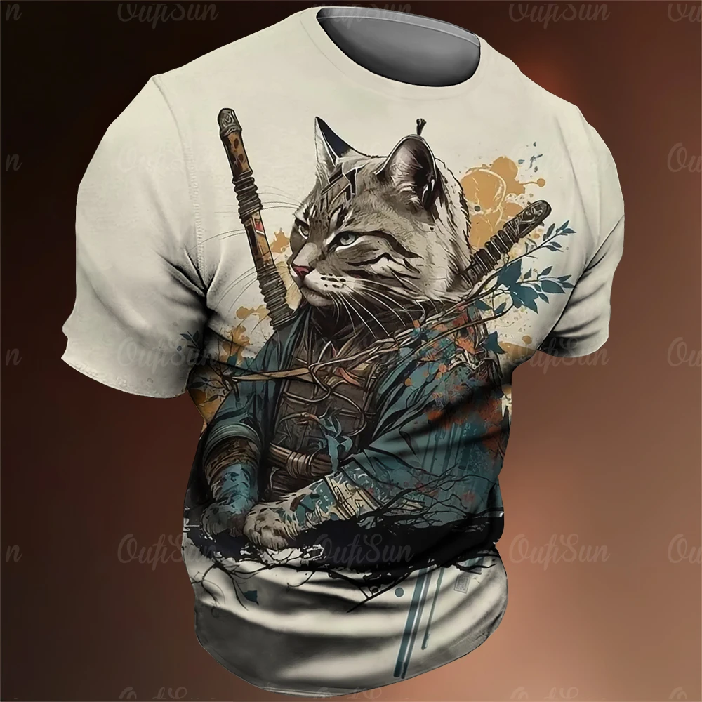 

Japan Samurai Cat Graphic T Shirts Cool Classic Art Style Men's and Women's Printing Tees Fashion O-neck Short Sleeve Loose Tops