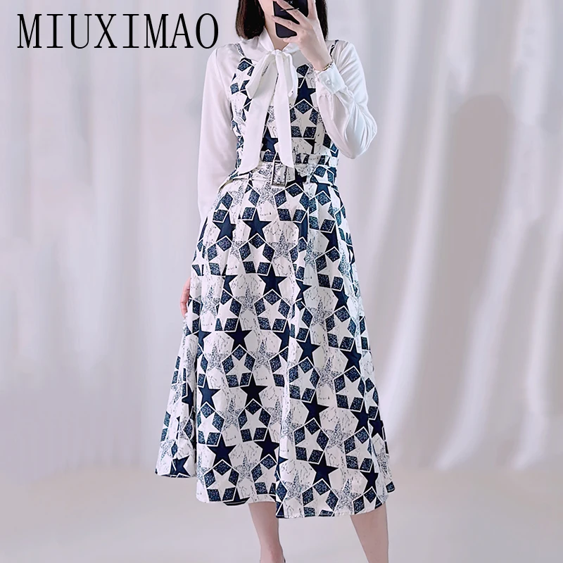 

Женский комплект из двух предметов MIUXIMAO, элегантный комплект из рубашки с длинным рукавом и бантом и комбинированного платья, весна-лето 2023