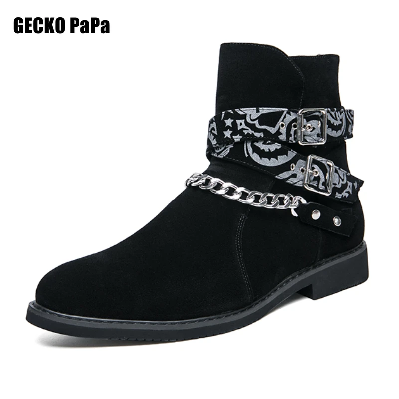 

Ботинки мужские из нубука и кожи, повседневные ботинки с цепочкой, с двойной пряжкой, в британском стиле, зимние чеширские сапоги