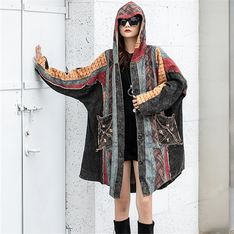 

2023 Spring Autumn Printed Knitted Stitched Hooded Cardigan Coat Large Loose Distressed Denim Vintage Causal Coat