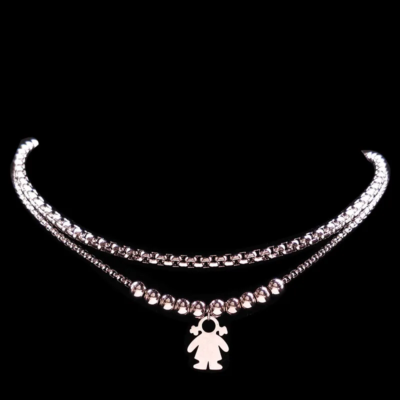 

Cute Girl Stainless Steel Double Layer Necklaces Women Silver Color Choker Necklace Jewelry Gift bijoux femme N1800S07