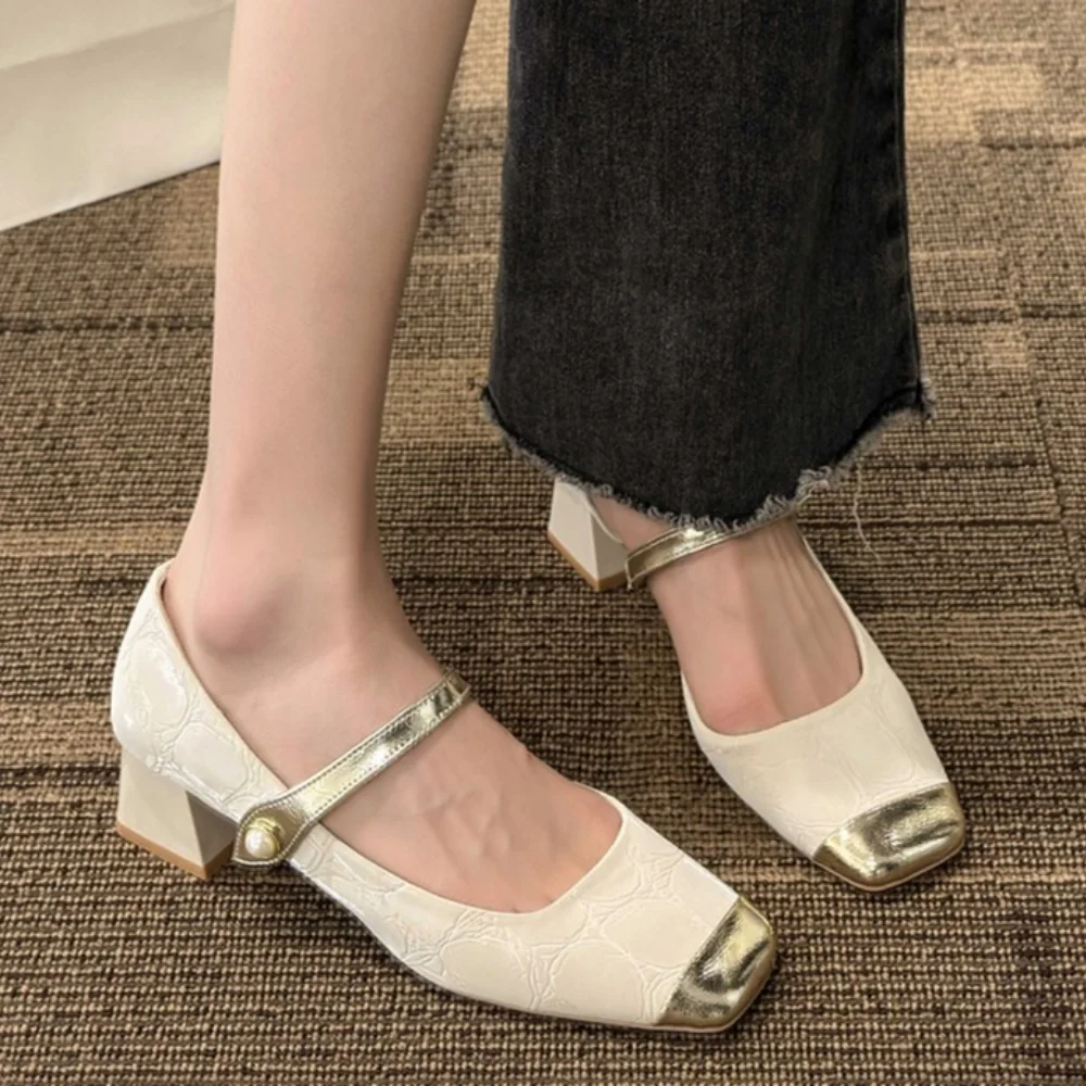 

Туфли Мэри Джейн в стиле ретро, кожаные сандалии с квадратным металлическим носком, на массивном каблуке, с закрытым носком, с жемчужной пряжкой, мягкие, разные цвета