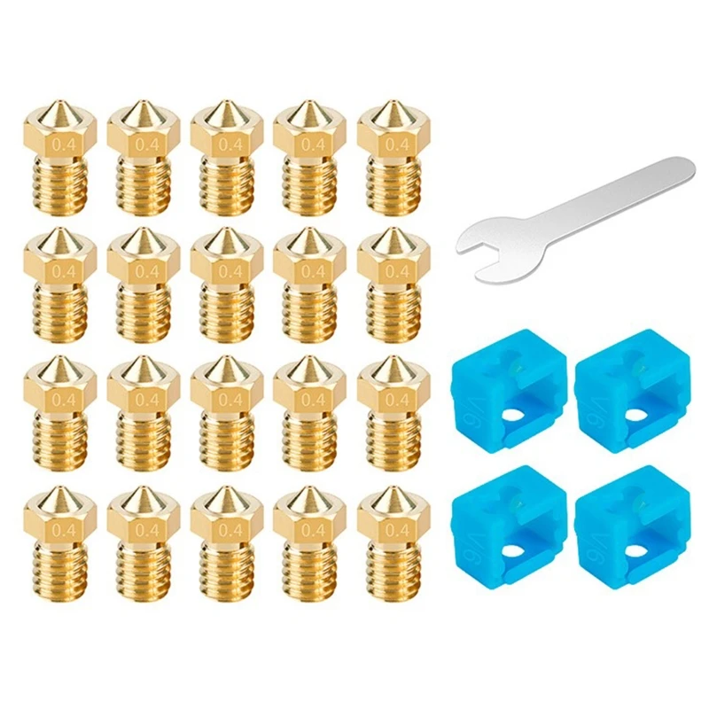 

20Pcs 0.4mm Brass Nozzle E 3D 4PCS V6 Heating Block Socks Extruder Heater Block for 1.75mm Hotend 3D Printer Nozzles Set