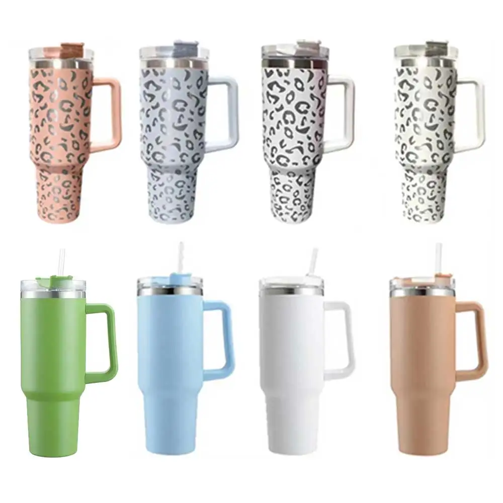 

40 унций изоляционная чашка из нержавеющей стали с леопардовым принтом и крышкой, портативная зеркальная соломенная ручная чашка для воды, чашки для кофе