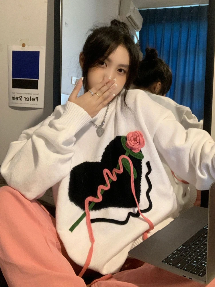 

Women Knitted Sweater Fashion Oversized Pullovers Winter Love Rose Loose Sweater Korean College Style Women Jumper Sueter Mujer