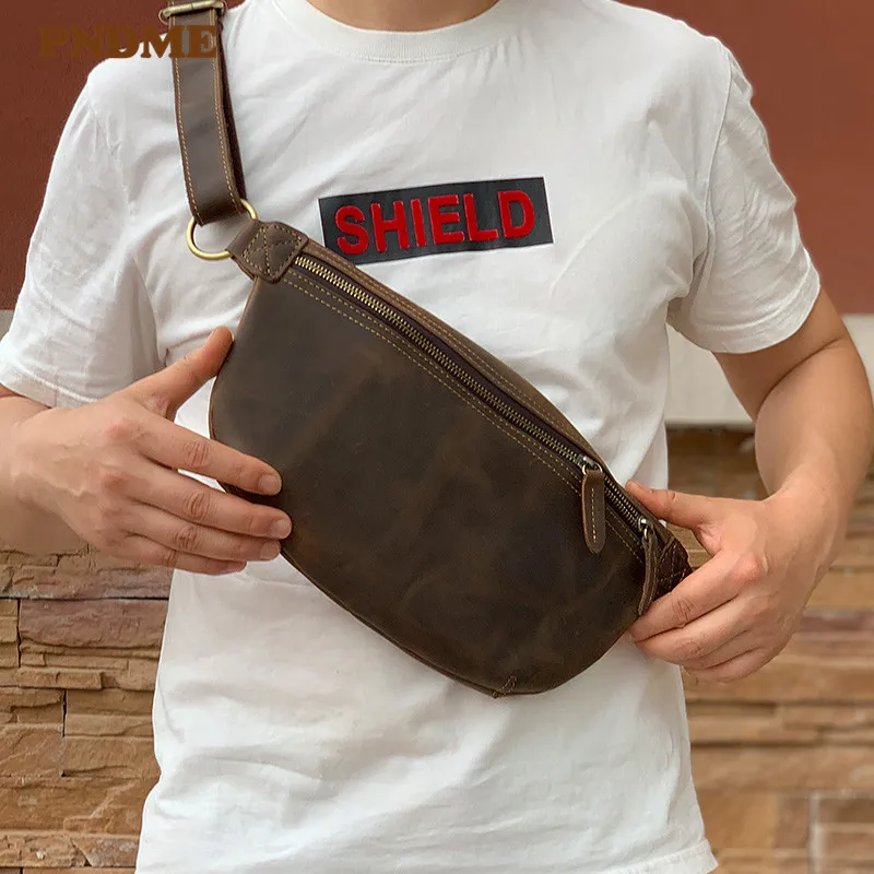 Vintage simple natural genuine leather men's chest bag casual simple multi function messenger bags daily light sport waist packs