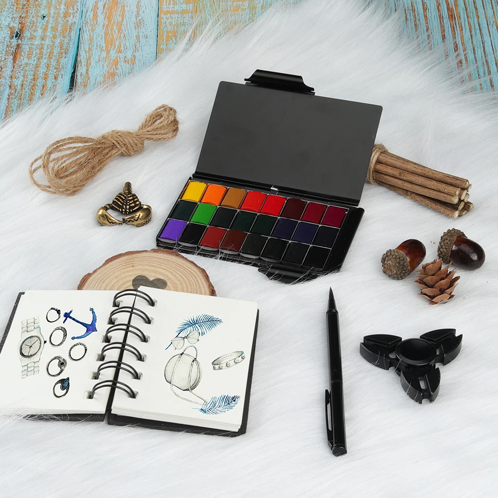 

Painting With Paint Seamiart Colors Professional Metal Set Art Watercolor Pad Solid Brush 24color Palette 1pc Supplies Memo Pen