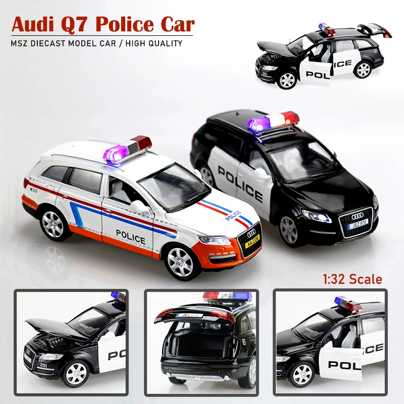 

1:32 Audi Q7 Diecast Alloy Police Car Models Vehicles Pull Back 4 Doors Opened Sound&Light Toys For Children F229