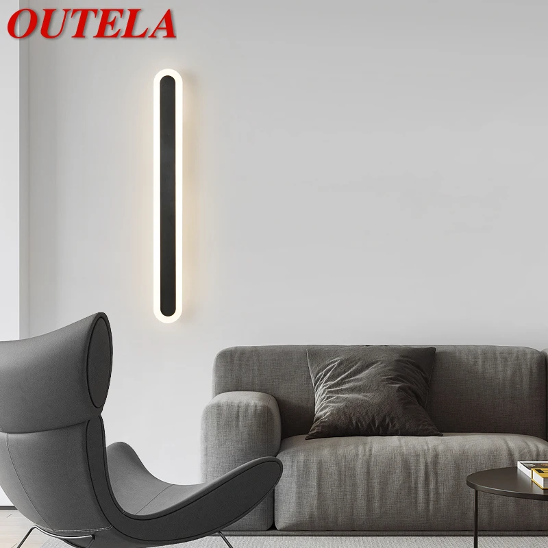 

OUTELA Modern Brass Wall Lamp Black LED 3 Colors Creative Long Sconce Light for Home Living Bed Room Corridor Decor