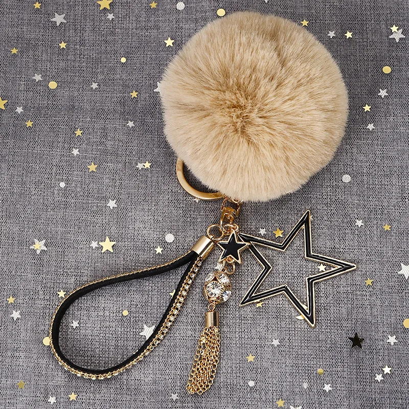 

New Five-pointed Star Keychains Rabbit Hair Ball Key Chain Ring Tassels Ladies Bag Charm Pendant Women Jewelry Pearl Car Keyring