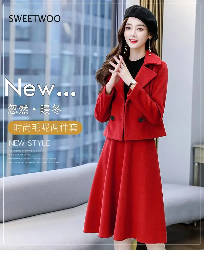 2021 Winter New Fashion Woolen Skirt Two-Piece Warm Suit Short Double Breasted Top Short Skirt