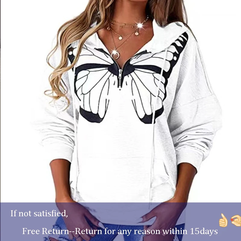 

Hoodies Women Butterfly Print Loose Pullover Hooded Zipper Sweatshirt Autumn Spring Women Clothing Casual Sports Hoodies