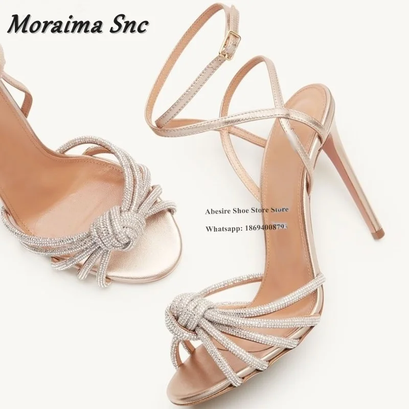 Moraima Snc Champage Bow Knot Crystal Sandals String Buckle High Heels Sandals Woman Summer Shoes Fashion Lady Zapatillas Mujer
