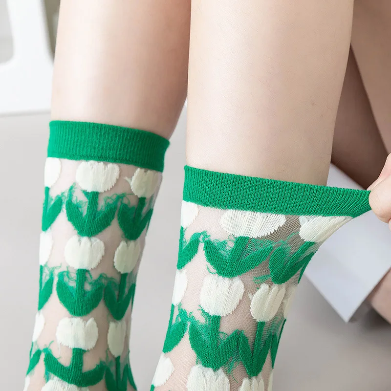 Носки женские зеленые тонкие средней длины милые носки из сетчатой ткани подарок