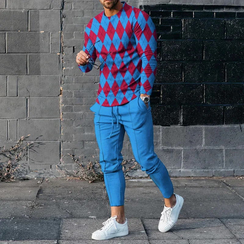 New Men's Long-sleeved T-shirt Suit Fashion Street Style Clothing Slim Sportswear Two-piece Set O Collar Sweatshirt Pullover