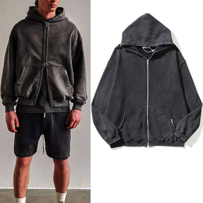 

Oversized Zip Retro Jacket Men Street Dirty Hooded Cut Sweatshirtsr Blank High Washed Harajuku And Women Hoodies Casual