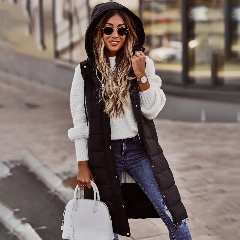 Hooded X Long Coat Women Casuald Sleeveless Casual Waistcoat Cotton Padded Puffer Vest Quilted Parka Zip Up Button Down Jacket