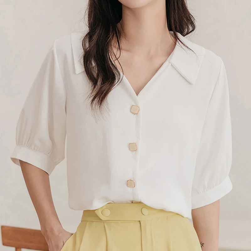 

Summer Womens Short Sleeve V-Neck Shirt Sleeve Solid Color Versatile Simple Professional Commuting Chiffon Shirt Blouse Tops A80