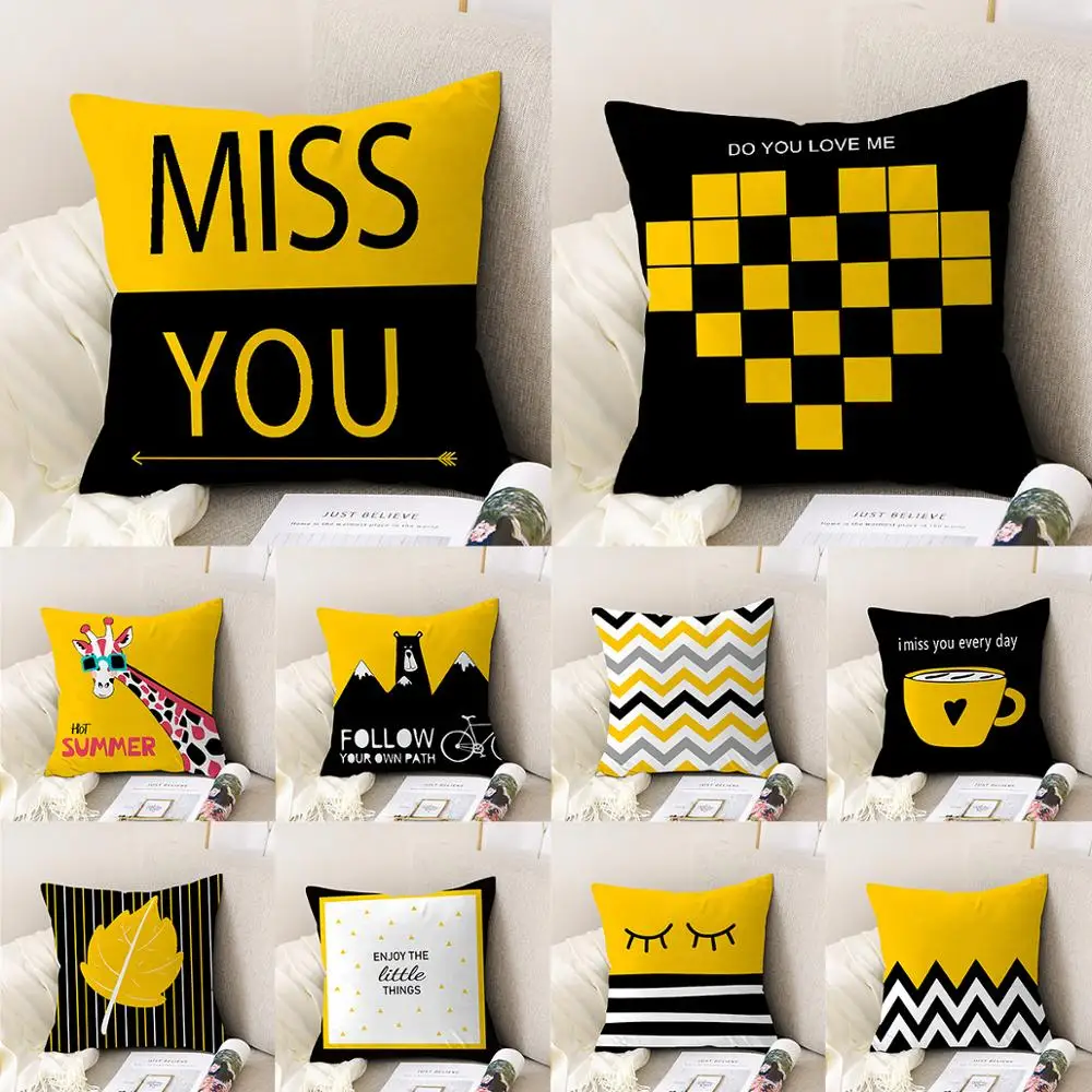 

Geometric Print Cushion Pillowcase 45X45CM Yellow Black Lumbar Pillow Cases Home Chair Sofa Decorative Polyester Cushion Cover