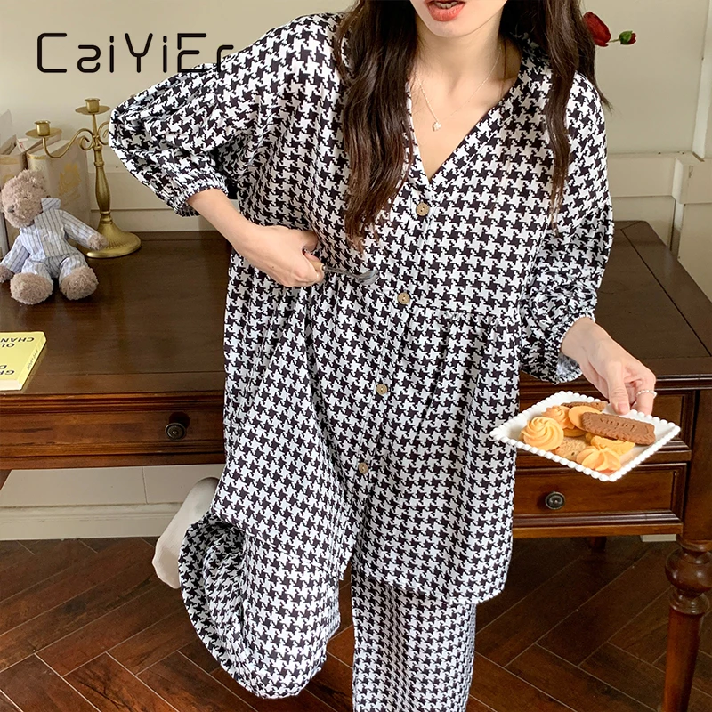 

CAIYIER 2022 Women Cotton Gauze Pajamas Set Korean V-Neck Long Sleepwear Autumn Winter Soft Nightwear Sweet Kawaii Loungewear