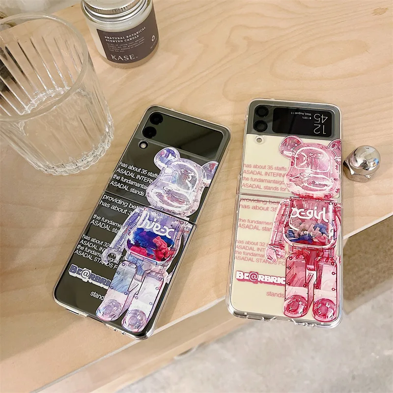

Transparent Tide Bear Bracket Phone Case for Samsung Galaxy Z Flip 3 5G Hard PC Back Cover for ZFlip3 Case Protective Shell