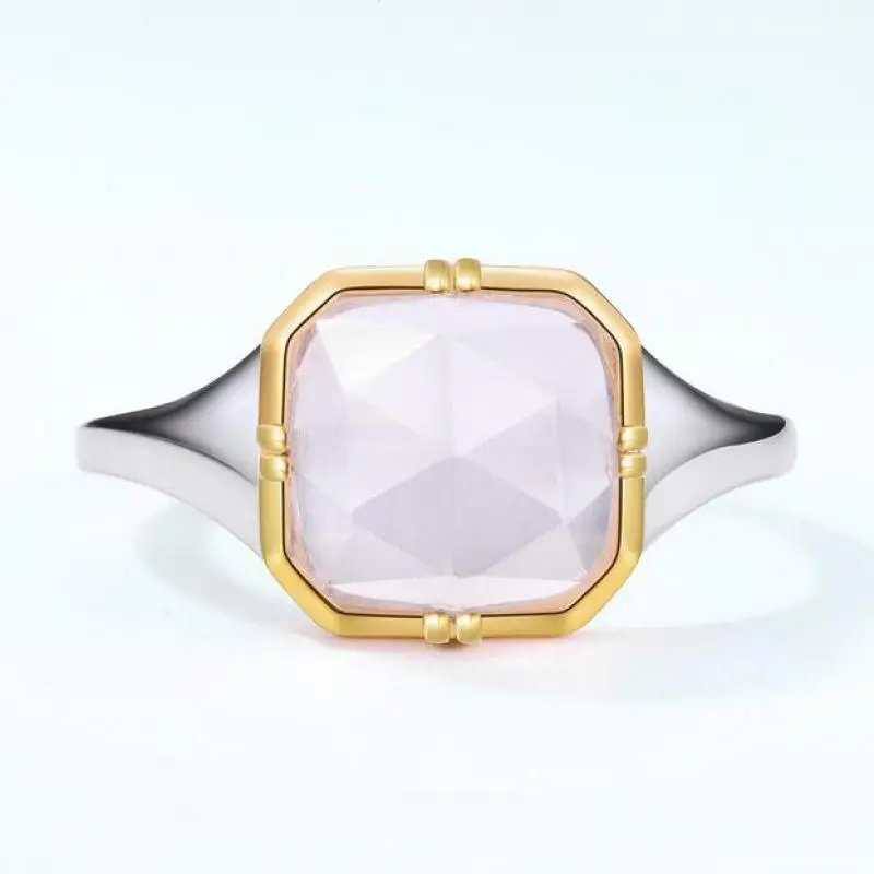 

Natural Pink Crystal Ring S925 Sterling Silver 10k Gold Plated Rose Quartz Faceted Gemstone Rings Women Fine Jewelry Accessories