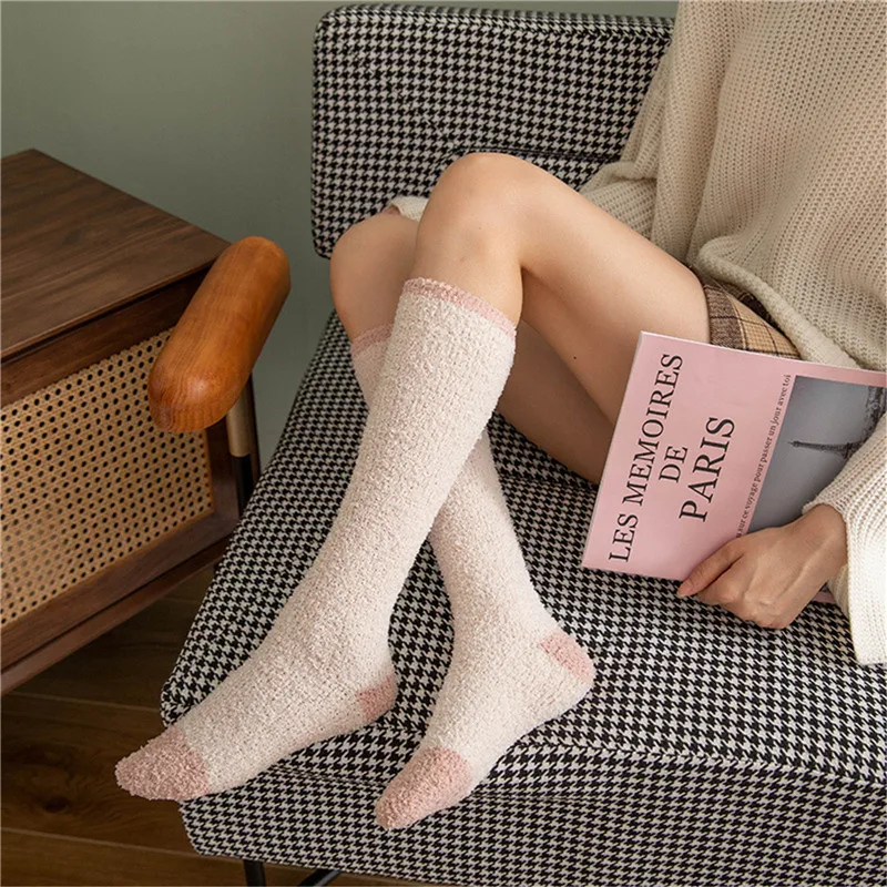 

Women Knee High Socks Fashion Velvet Slim Solid Color Non-Slip Stockings Girls Cute Solid Color Cotton Socks Winter Warm Sox
