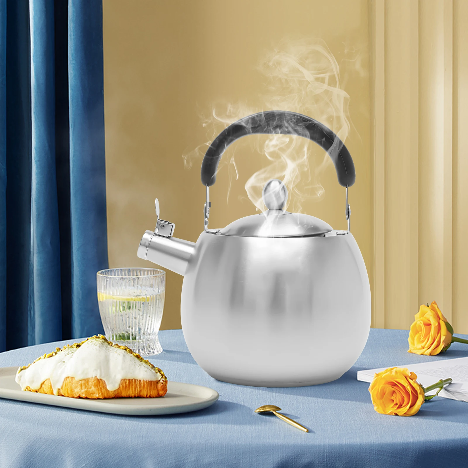 4L Heavy Duty Tea Kettle Stovetop Whistling Teakettle Teapot, Seamless Bottom Stainless Steel 304, Brushed Finish, Short Spout