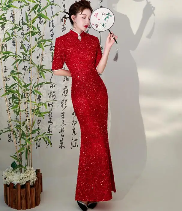 

Китайское свадебное платье, женское летнее длинное платье Chipao с красными блестками, блестящее винтажное восточное платье Ципао