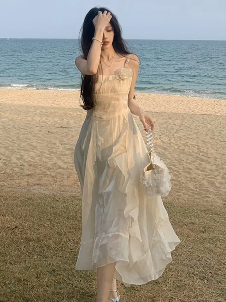 

Sweet Solid Irregular Ruffles Dresses For Women Vocation Beach Style Spaghetti Strap High Waist Fairy Slim One Piece Vestidos