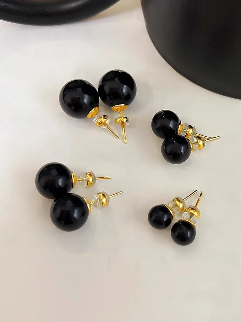 S925 Silver Needle Black Pearl Stud Earrings Women Cold Sle Light Luxury Design High-Grade Sweet Kuchao Earr...