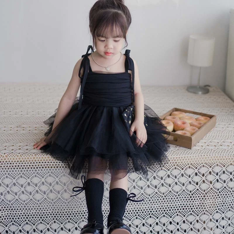 Lace Girls Sling Princess Dress 2022 Summer New Baby Tube Top Soft Mesh Dress Star Sequin Bow Lolita Dress for Birthday Party
