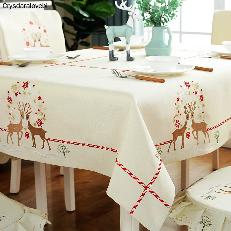 

Christmas Table Cloth Deer Embroidered Tablecloth Nordic Table Cover for Party Wedding Hotel Luxury Table Cloth Set Chair Cover