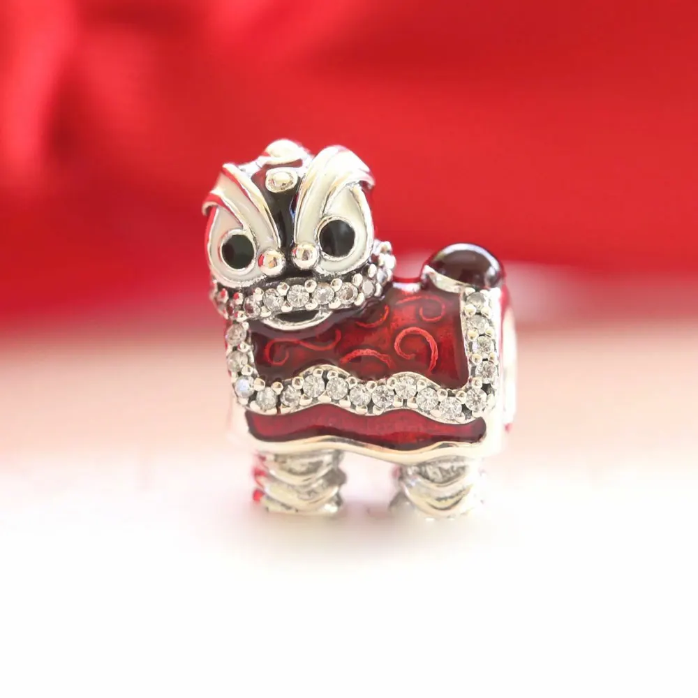 

925 пробы Серебряный лев с красной эмалью Новогодняя подвеска-бусина подходит для браслетов и ожерелий в европейском стиле Pandora DIY