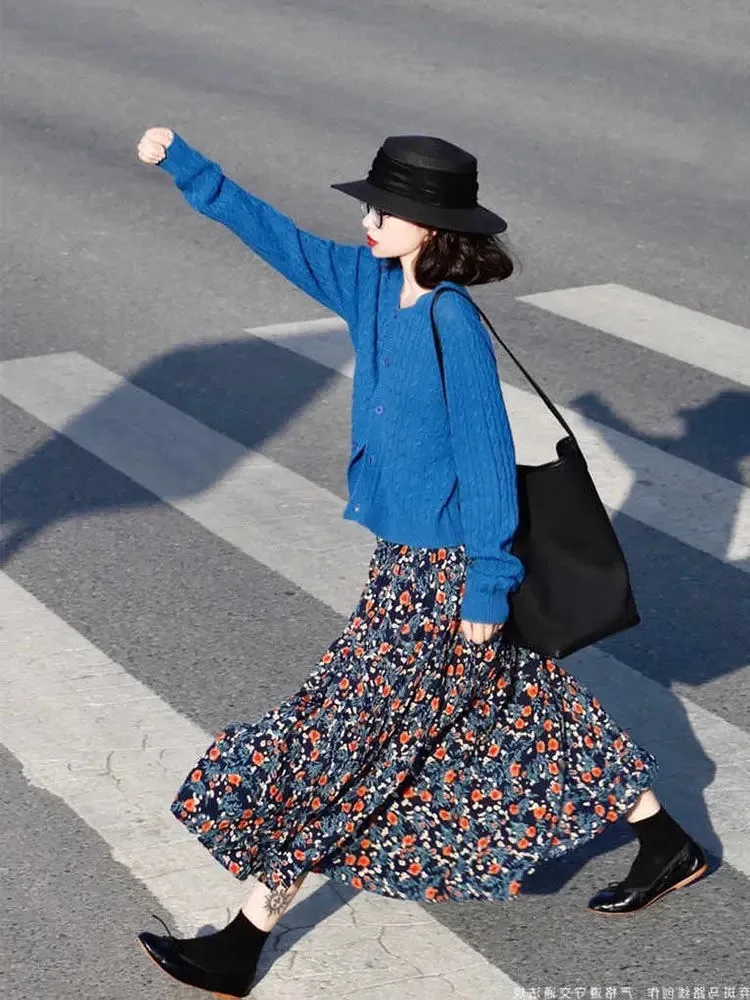 Юбка женская трапециевидная с принтом модная длинная свободная юбка завышенной