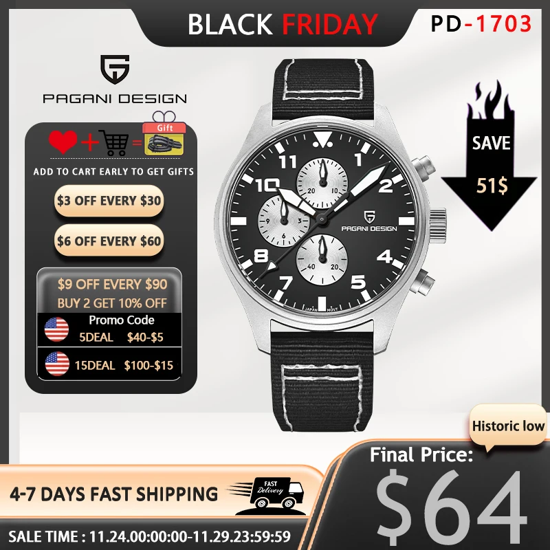 PAGANI DESIGN New 42mm Pilot Chronograph Watches Japanese VK67 Men Quartz Watch 10bar Waterproof Sapphire Glass Watch for Men
