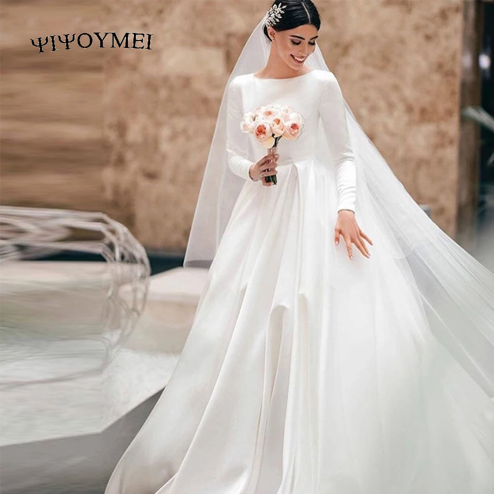 

Simple Vintage Satin Wedding Dress For Women 2023 Classic Long Sleeve Princes Bridal Gown Robe Mariée Vestidos De Novia