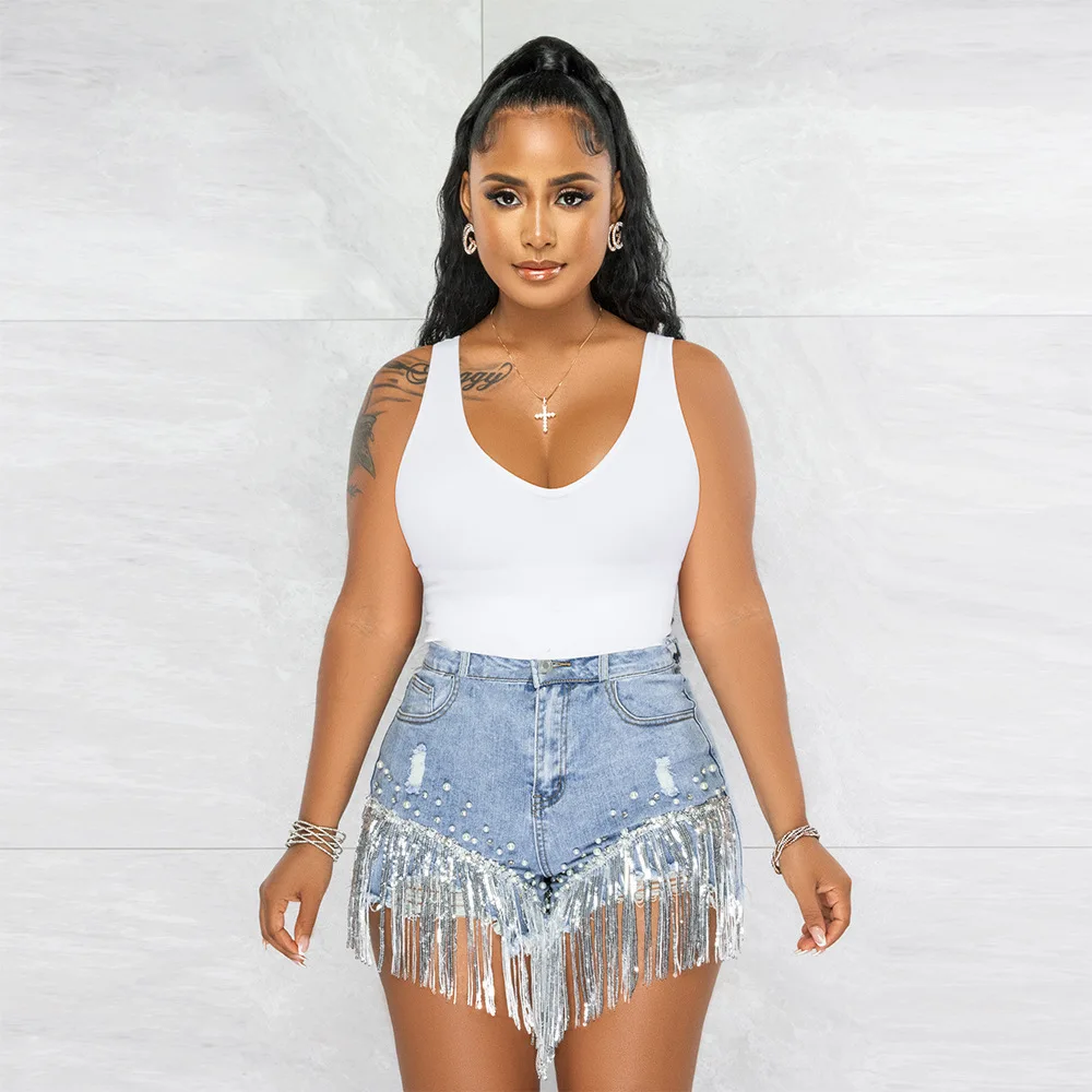 

Женские джинсовые шорты, повседневные универсальные шорты с блестками и бахромой, весна-лето 2022