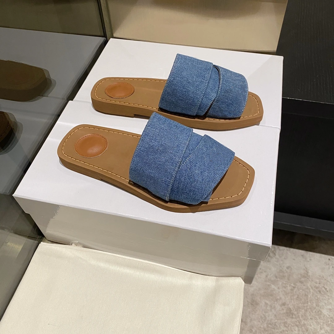 

Women Summer Slippers Genuine Leather Slippers Low Heels Denim Slides Shoes Leisure Flats Retro Outfit Party Dress Shoes Women
