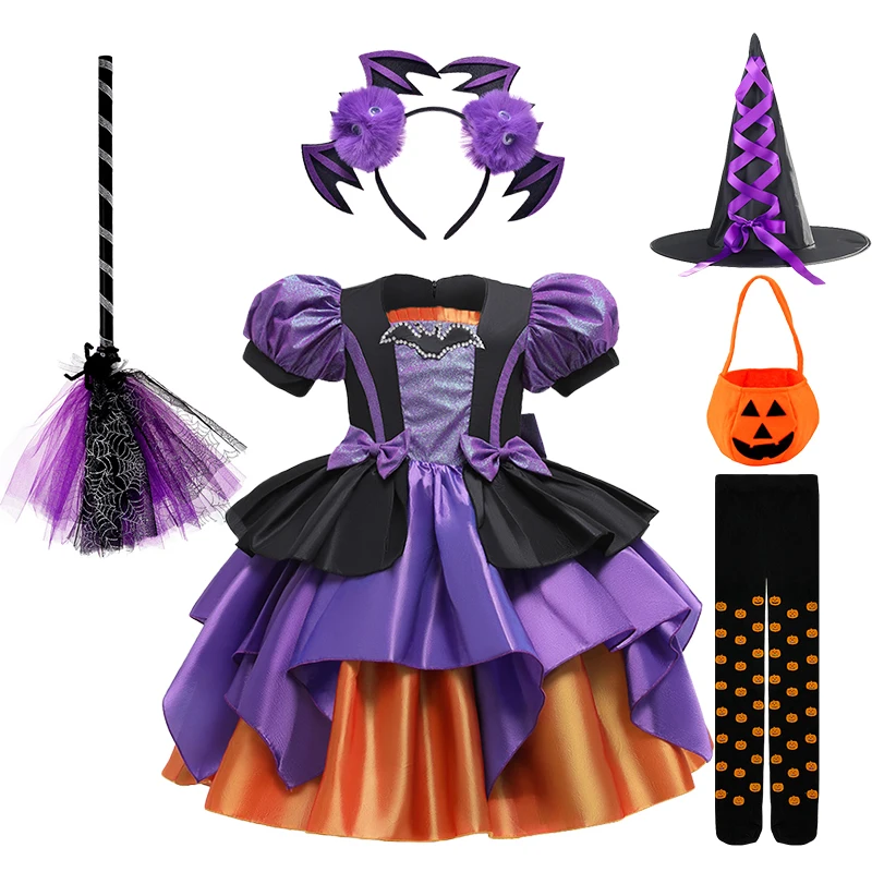 

Halloween 2-10 Years Baby Girl Party Witch Dress Christmas Princess Dress Kids Cosplay Vampire Costume Bat Pumpkin Bag Hat Broom