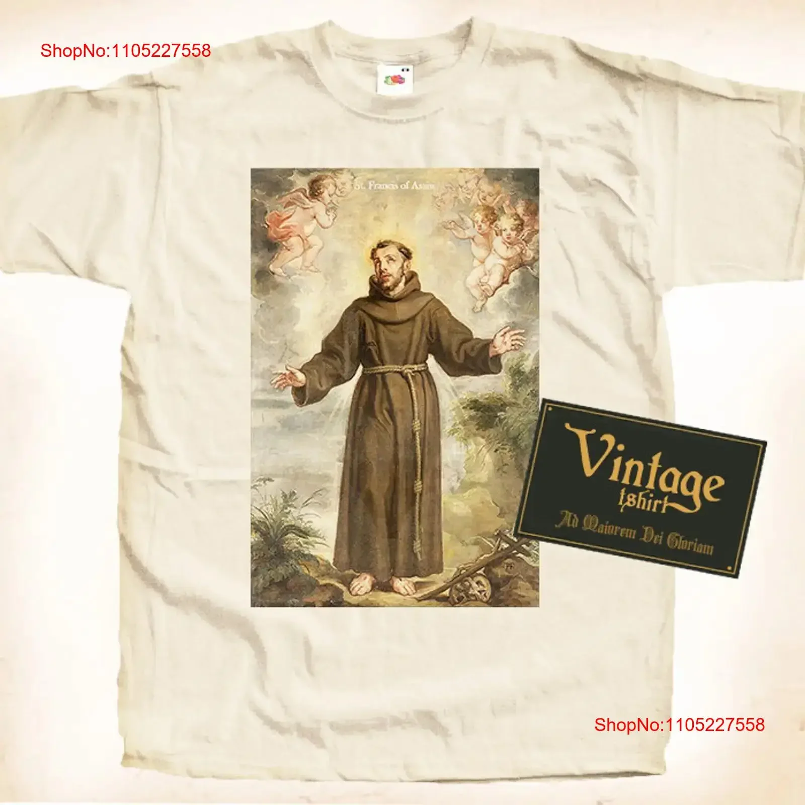 Фото Футболка St Francis of Assisi V5 Saint T SHIRT, католическая, все размеры S-5XL, натуральный винтажный бежевый цвет, винтажная обработка, мягкая, слегка повседневная, мужская. №1
