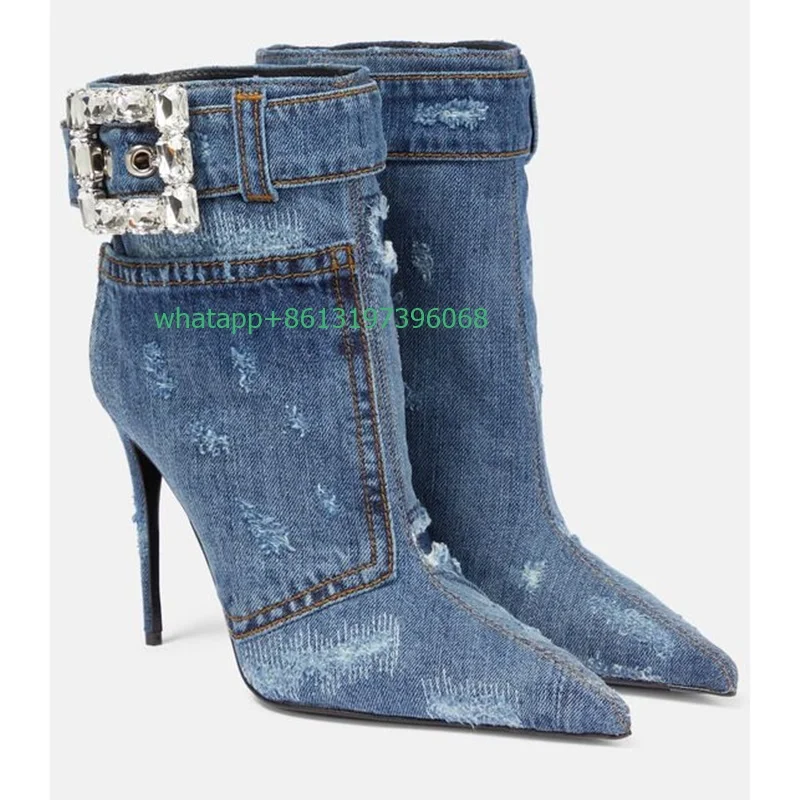 

Женские декорированные джинсовые ботильоны Лоскутные Джинсовые дизайнерские ботинки с острым носком украшенные кристаллами ботинки с пряжкой размер 35-46 обувь