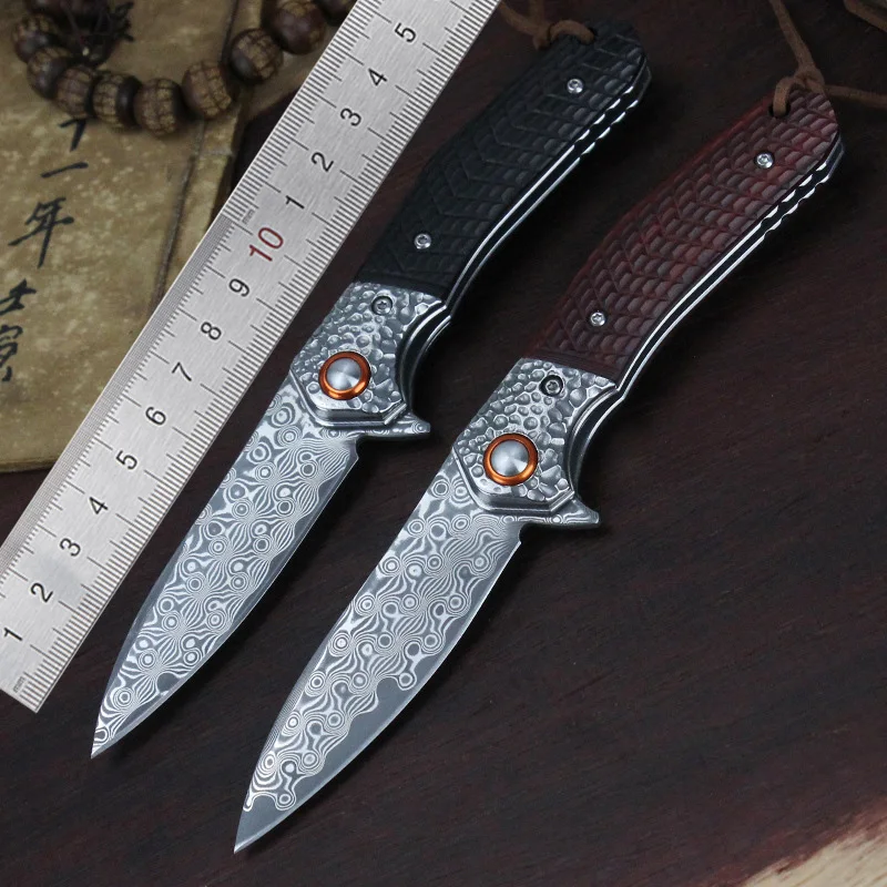 

Damascus Pocket Folding Knife Yellow Sandalwood / Ebony Handle Men's Collection Knife Camping Hunting Survival EDC Tool Knives