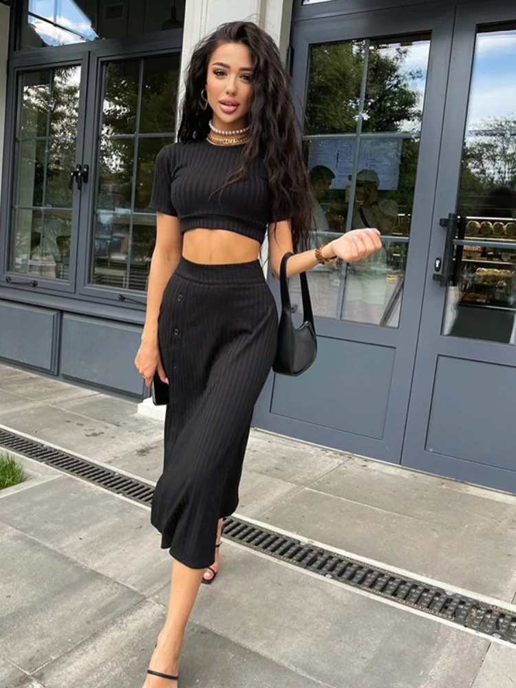 

Sexy Slit Skirt Suit Summer Women Solid Short Sleeve Casual Skirt Two Piece Set Holiday Beach E Girl Midi Skirt Outfits 2022