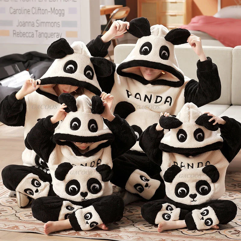 

Winter Parent-Child Pajamas set Children's Flannel Pyjamas Thickened Plush Hooded Long Sleeved Animal Panda Women Men Homewear