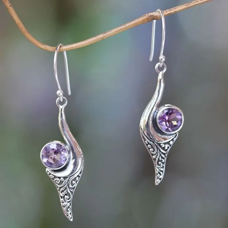 

New purple national style earrings, retro imitation Thai silver earrings are popular in Europe and America