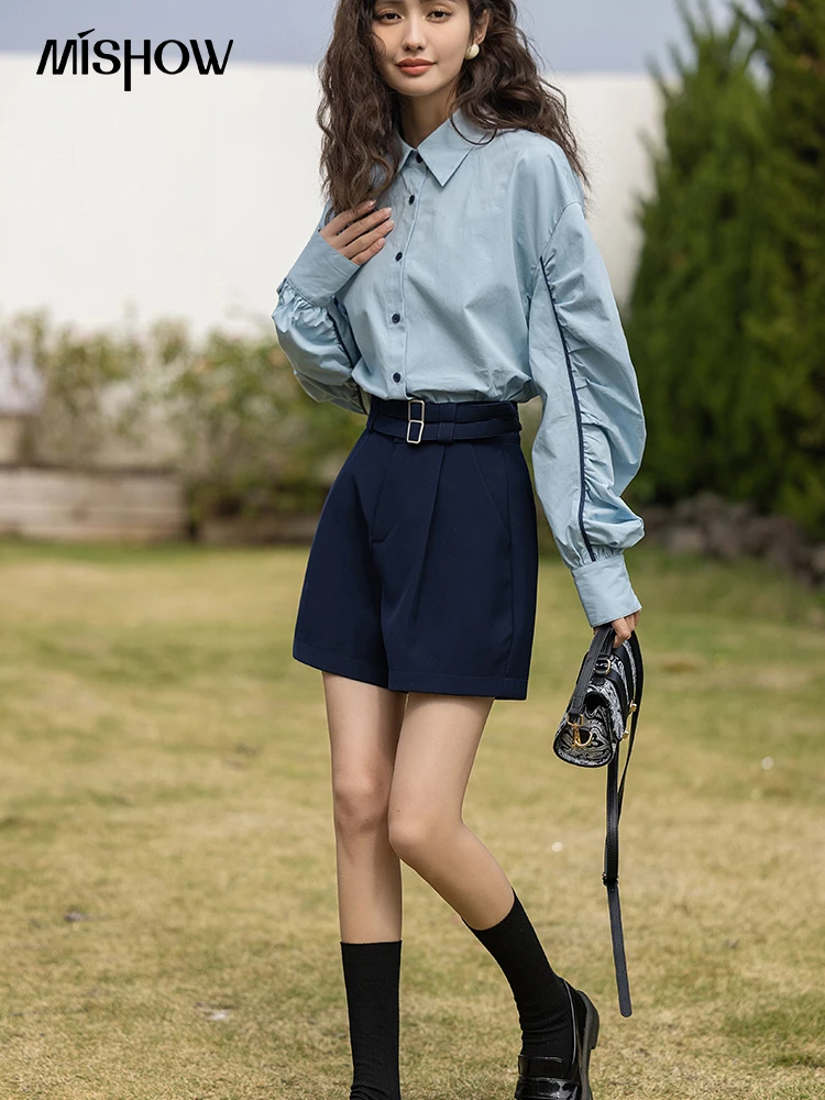 MISHOW Women's Shorts Spring High-waisted Wide Leg A-line Belt Short Pants Casual Loose Female Bottoms Office Lady MXC11K0670