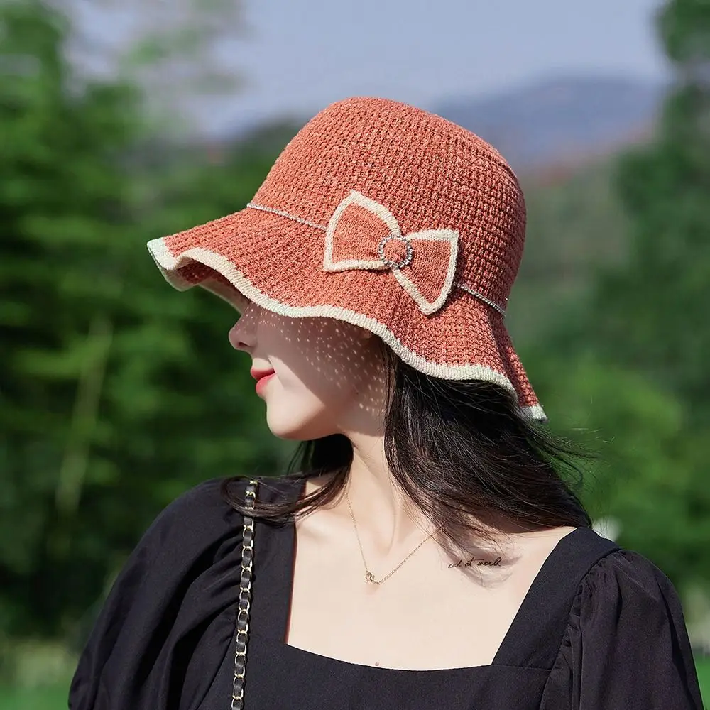 

Fashion Casual Travel Wave Brim Solid Color Knitted Beach Outdoor Women Cap Bucket Hat Bowknot Sun Hat Fisherman Hat