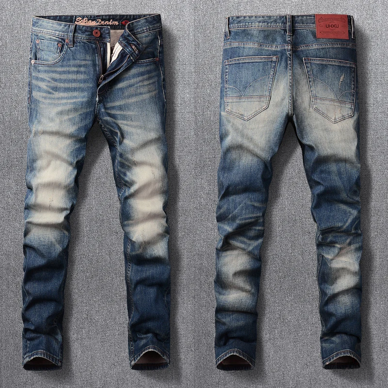Italian Style Fashion Men Jeans Retro Blue High Quality Elastic Slim Fit Ripped Jeans Men Trousers Vintage Designer Pants Hombre