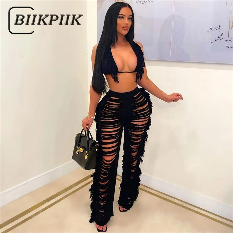 

BIIKPIIK Fashion Knitting Women Wide Leg Pant Baggy Solid Tassel Cutouts Mid Waist Trousers Aesthetic Attirewear Cozy Long Pants